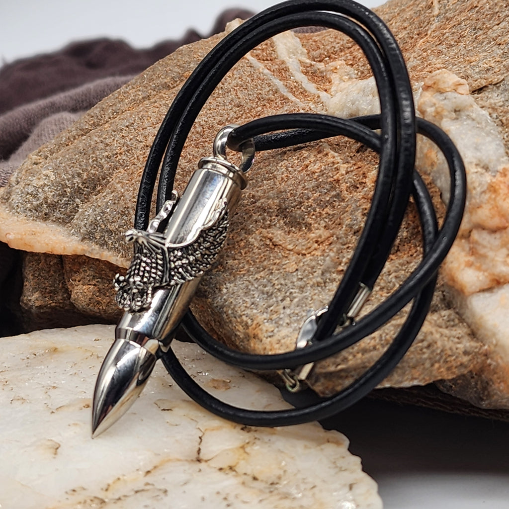 Admiral / Mens Necklace Genuine Italian Leather Surgical steel Eagle Bullet pendant