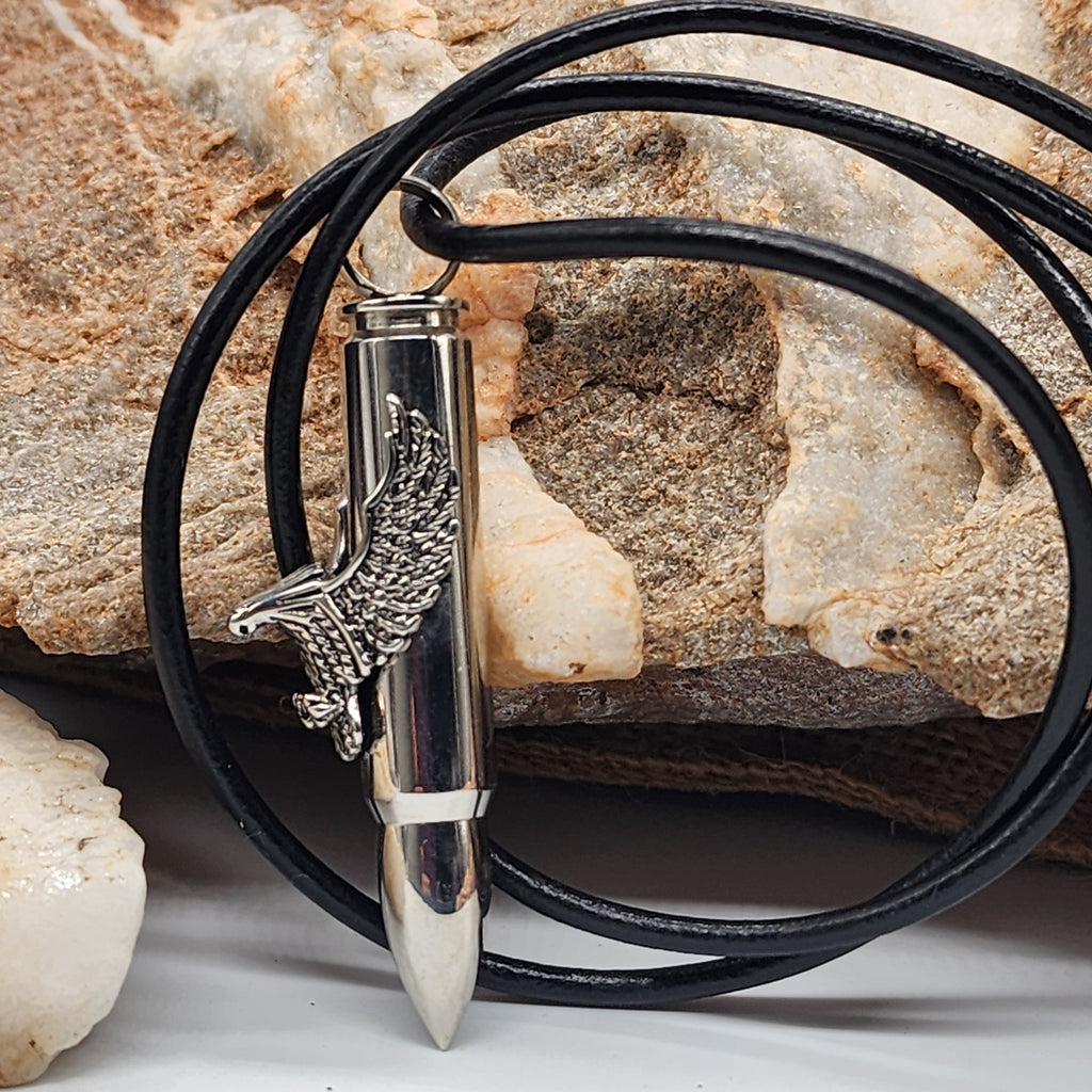 Admiral / Mens Necklace Genuine Italian Leather Surgical steel Eagle Bullet pendant