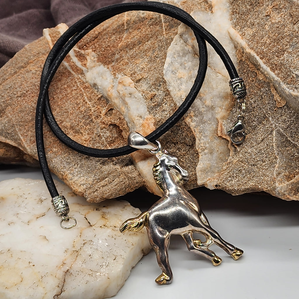 Mustang / Boho Man Artisan Necklace BLACK Italian Leather Vintage Pendant Men's Jewelry