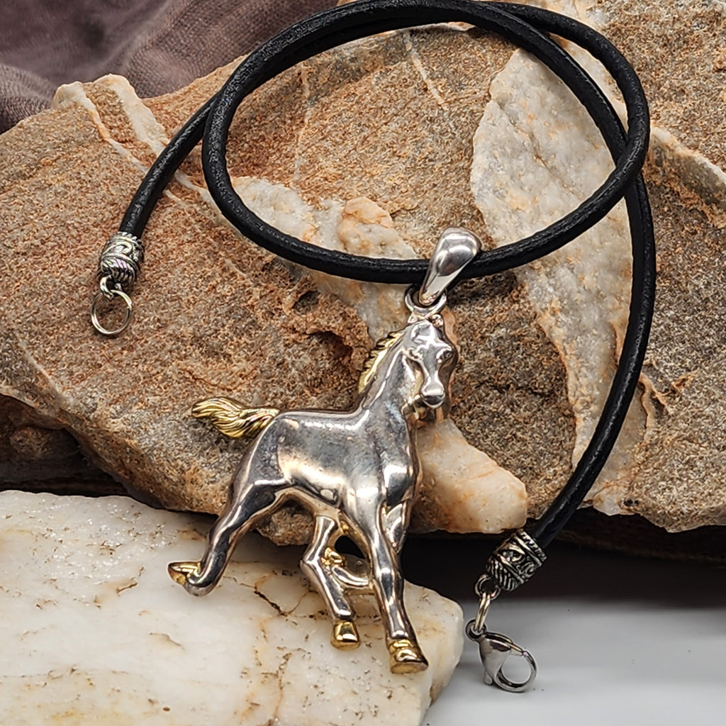 Mustang / Boho Man Artisan Necklace BLACK Italian Leather Vintage Pendant Men's Jewelry