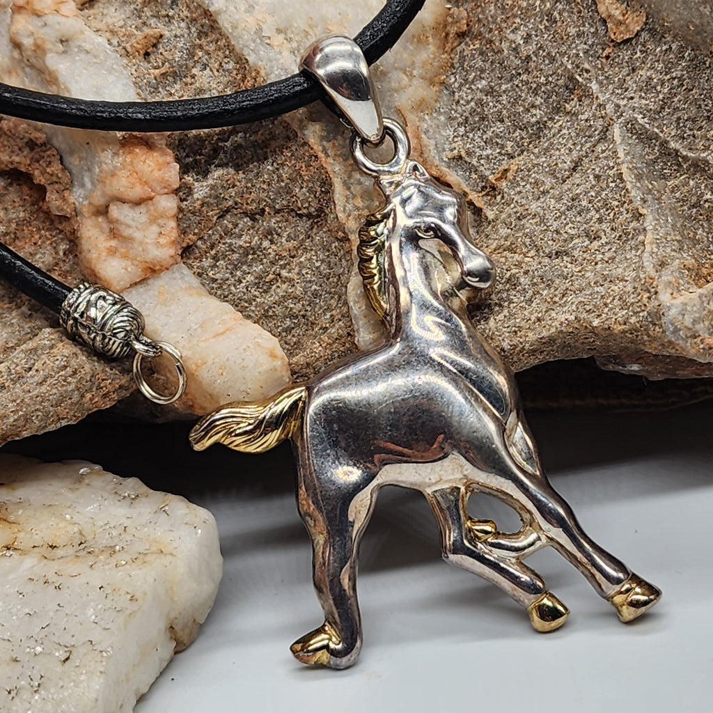 Mustang / Boho Man Artisan Necklace BLACK Italian Leather Vintage Pendant Men's Jewelry