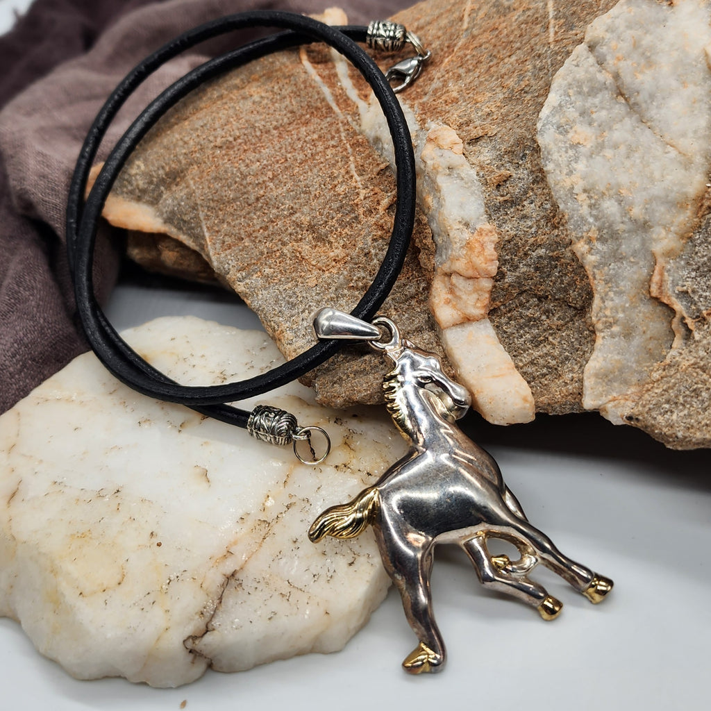 Mustang / Boho Man Artisan Necklace BLACK Italian Leather Vintage Pendant Men's Jewelry