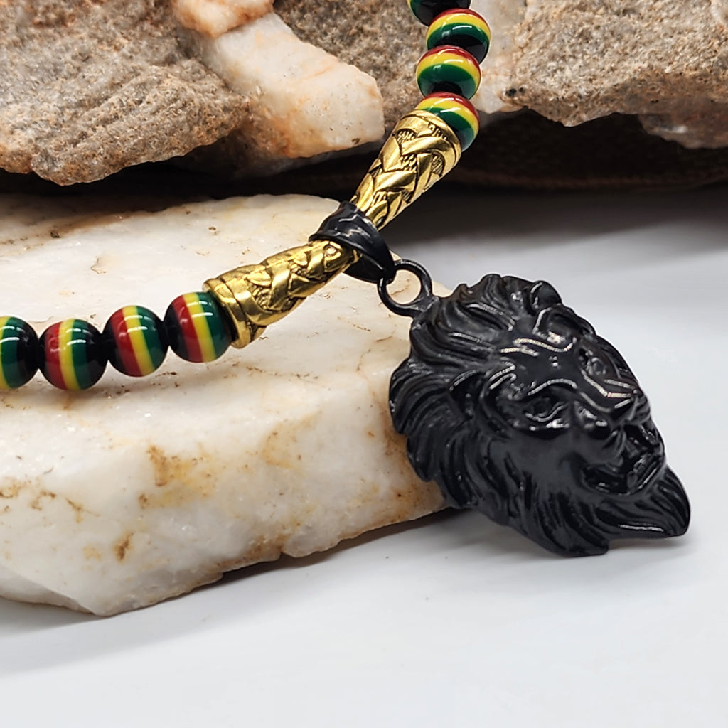 Irieshun / Boho Men's Necklace Chocker Black Rasta Lion Big Pendant Men's Beaded Necklace