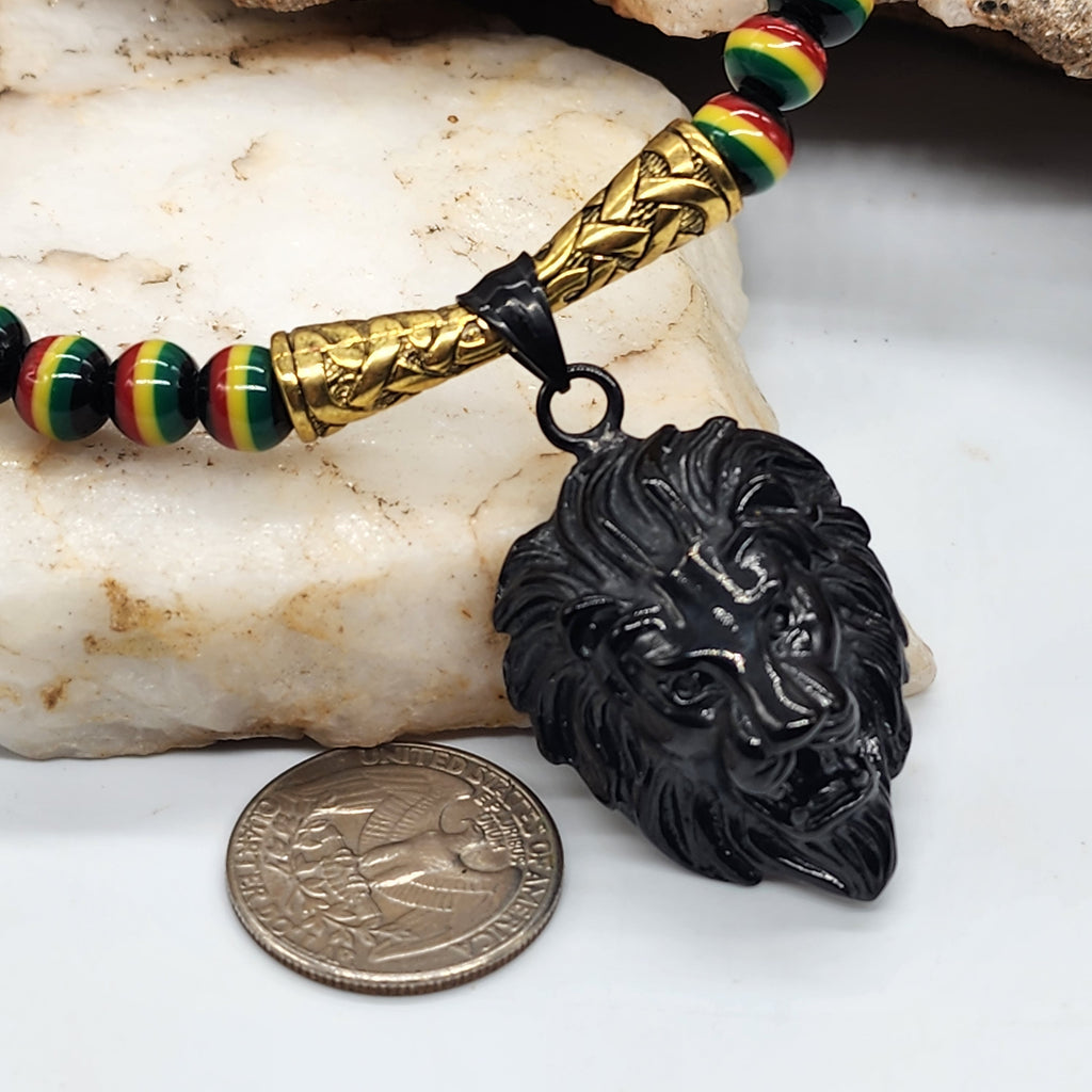 Irieshun / Boho Men's Necklace Chocker Black Rasta Lion Big Pendant Men's Beaded Necklace