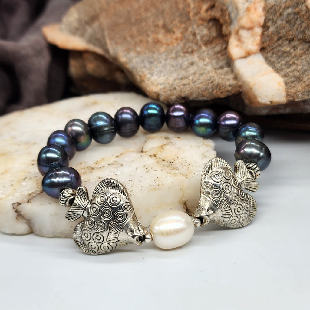 Kiss / Designer Jewelry Silver Bracelet Fish Natural Black Pearls Hypoallergenic Jewelry Most Popular Jewelry Gift For Women