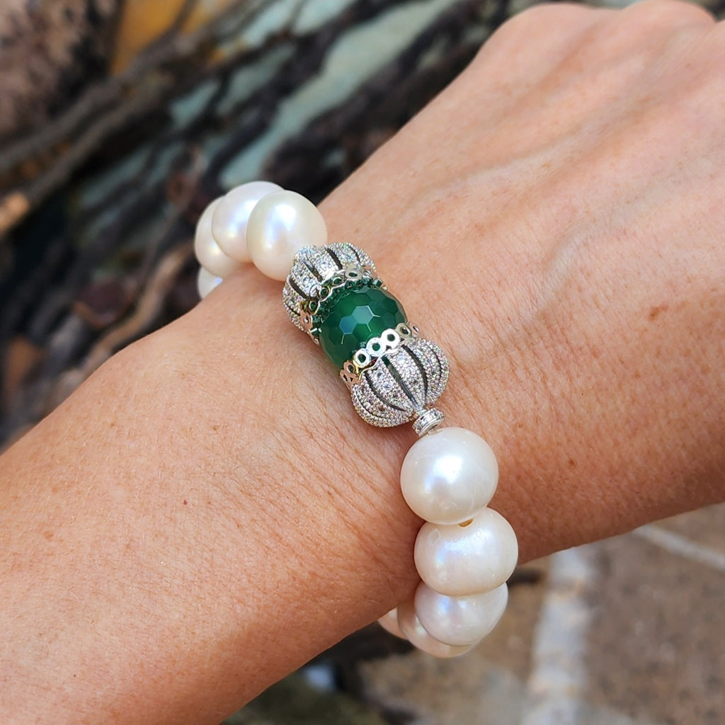 Forget Me Not / Designer Jade Silver Bracelet Natural Large Pearls Hypoallergenic Jewelry Most Popular Jewelry Gift For Women