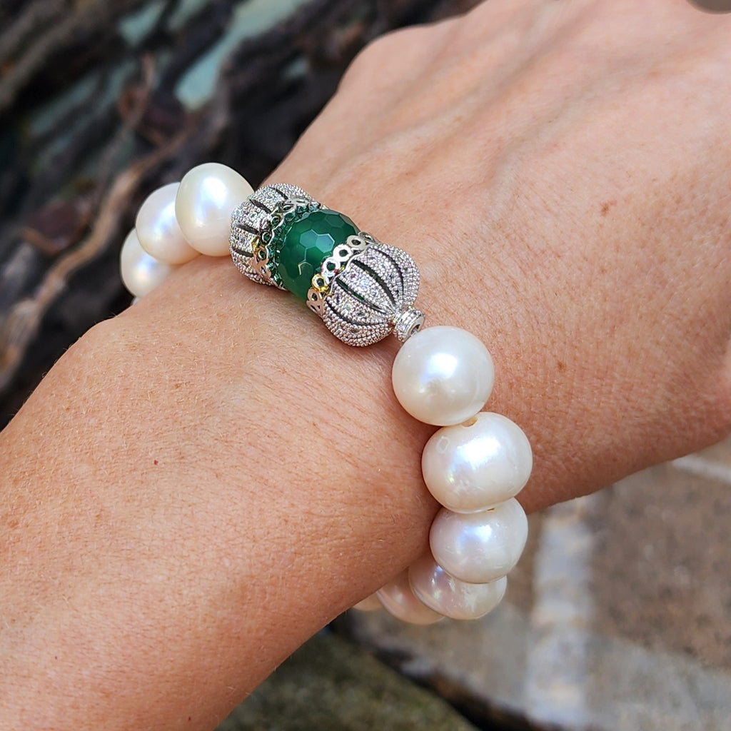 Forget Me Not / Designer Jade Silver Bracelet Natural Large Pearls Hypoallergenic Jewelry Most Popular Jewelry Gift For Women