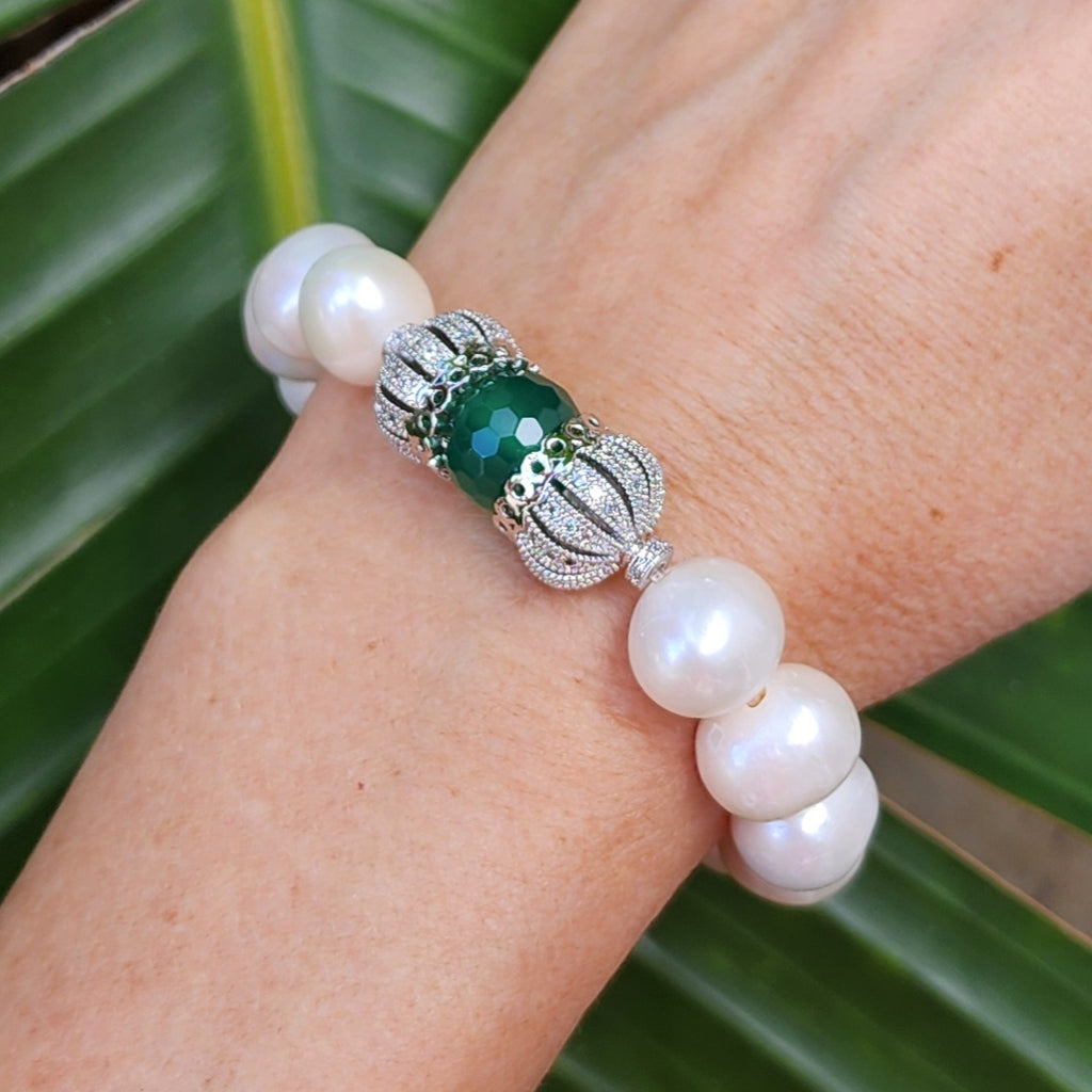 Forget Me Not / Designer Jade Silver Bracelet Natural Large Pearls Hypoallergenic Jewelry Most Popular Jewelry Gift For Women