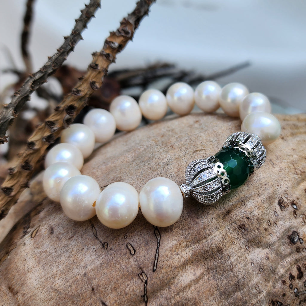 Forget Me Not / Designer Jade Silver Bracelet Natural Large Pearls Hypoallergenic Jewelry Most Popular Jewelry Gift For Women