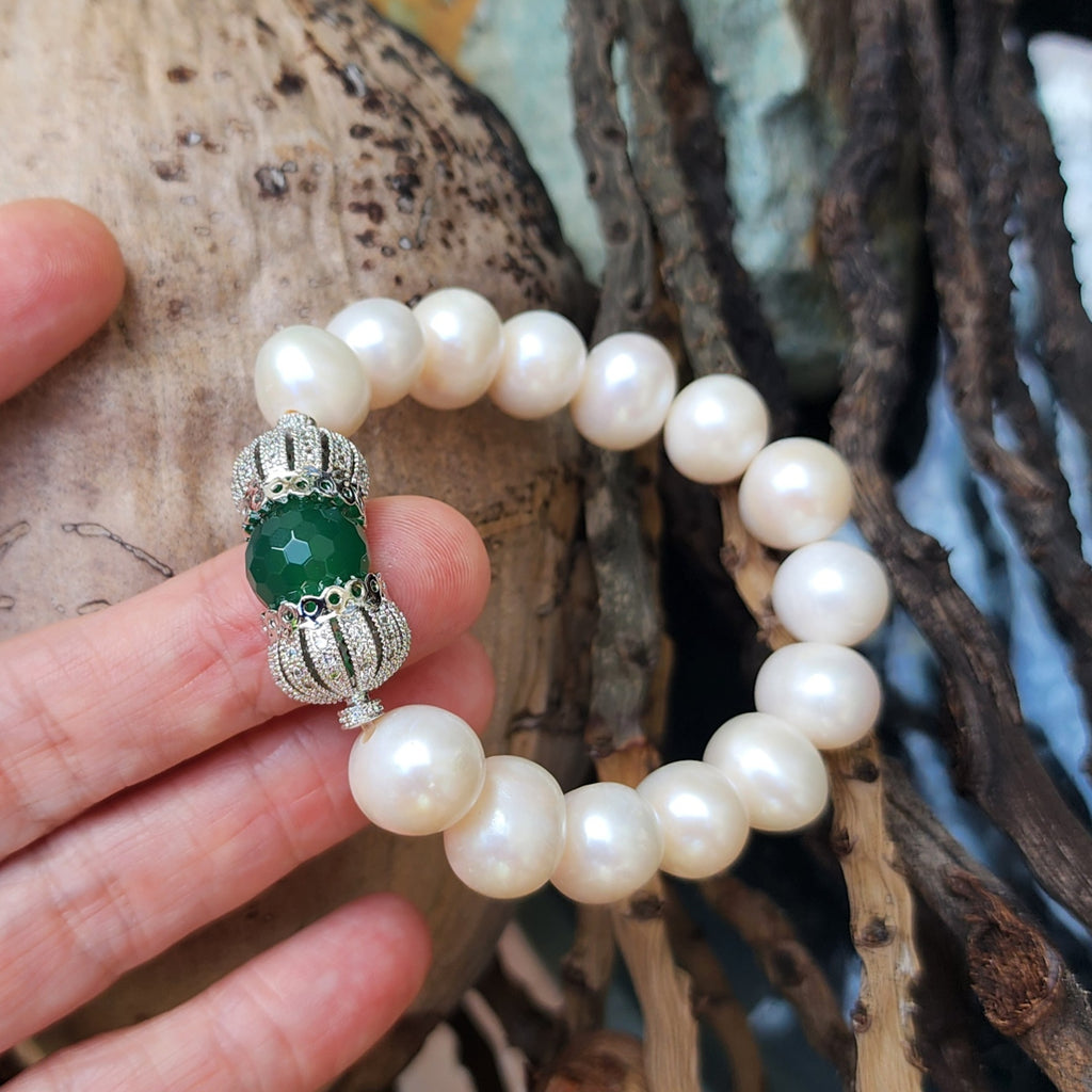 Forget Me Not / Designer Jade Silver Bracelet Natural Large Pearls Hypoallergenic Jewelry Most Popular Jewelry Gift For Women