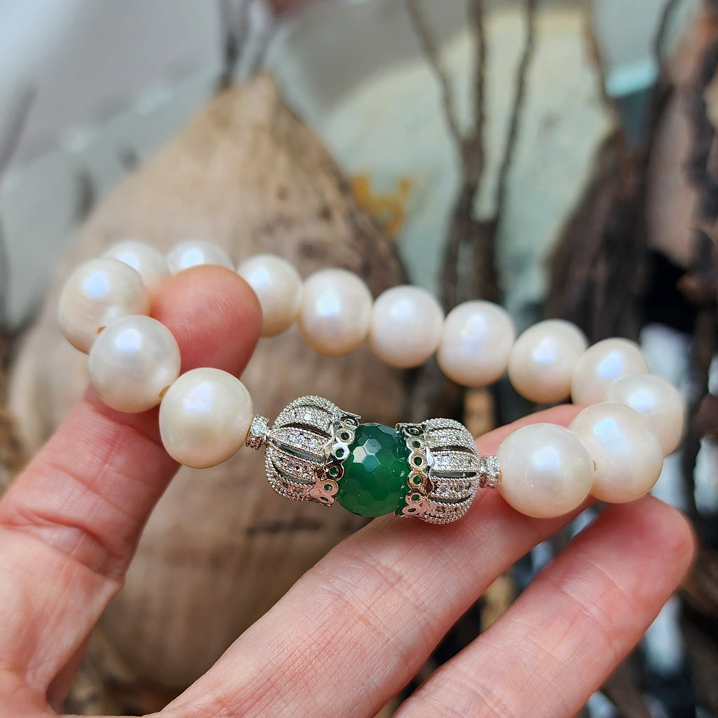 Forget Me Not / Designer Jade Silver Bracelet Natural Large Pearls Hypoallergenic Jewelry Most Popular Jewelry Gift For Women