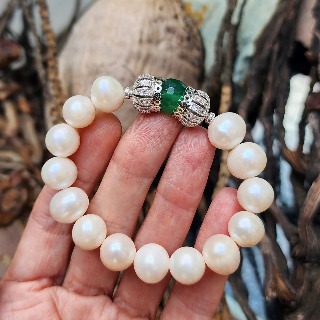 Forget Me Not / Designer Jade Silver Bracelet Natural Large Pearls Hypoallergenic Jewelry Most Popular Jewelry Gift For Women