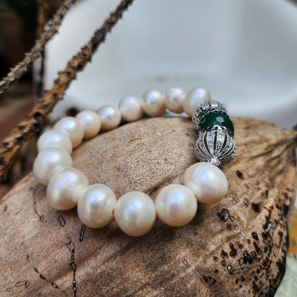 Forget Me Not / Designer Jade Silver Bracelet Natural Large Pearls Hypoallergenic Jewelry Most Popular Jewelry Gift For Women
