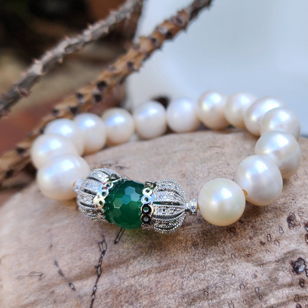 Forget Me Not / Designer Jade Silver Bracelet Natural Large Pearls Hypoallergenic Jewelry Most Popular Jewelry Gift For Women