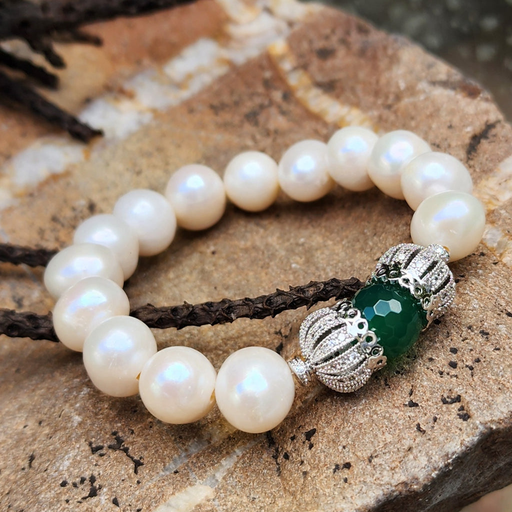 Forget Me Not / Designer Jade Silver Bracelet Natural Large Pearls Hypoallergenic Jewelry Most Popular Jewelry Gift For Women