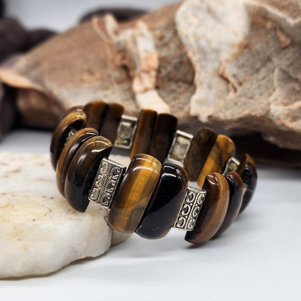 Royalty / Men's Bracelet Size 8 Natural Tiger Eye Stone Silver Bracelet Boho Men Jewelry Antique