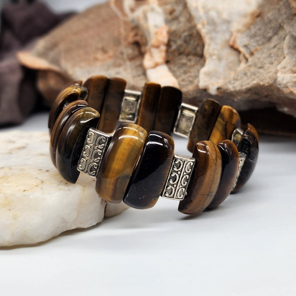 Royalty / Men's Bracelet Size 8 Natural Tiger Eye Stone Silver Bracelet Boho Men Jewelry Antique