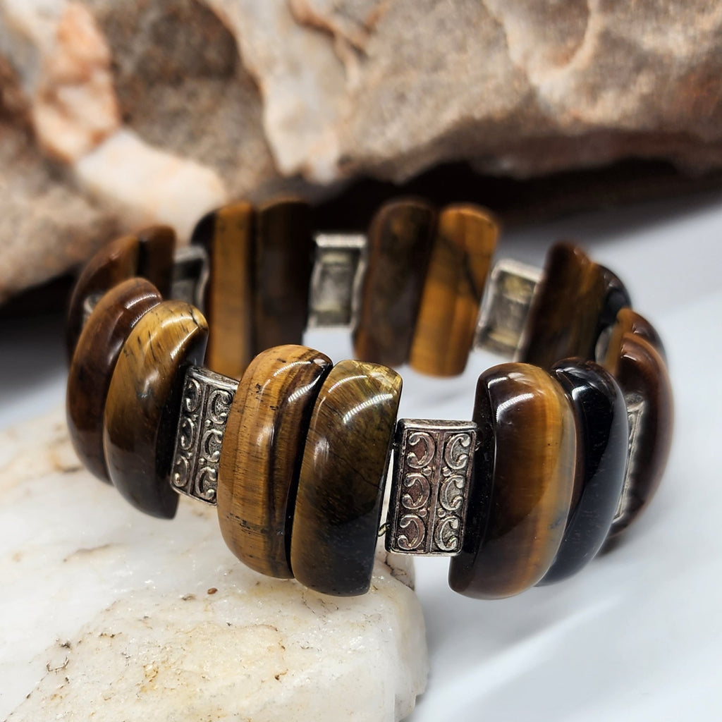 Royalty / Men's Bracelet Size 8 Natural Tiger Eye Stone Silver Bracelet Boho Men Jewelry Antique