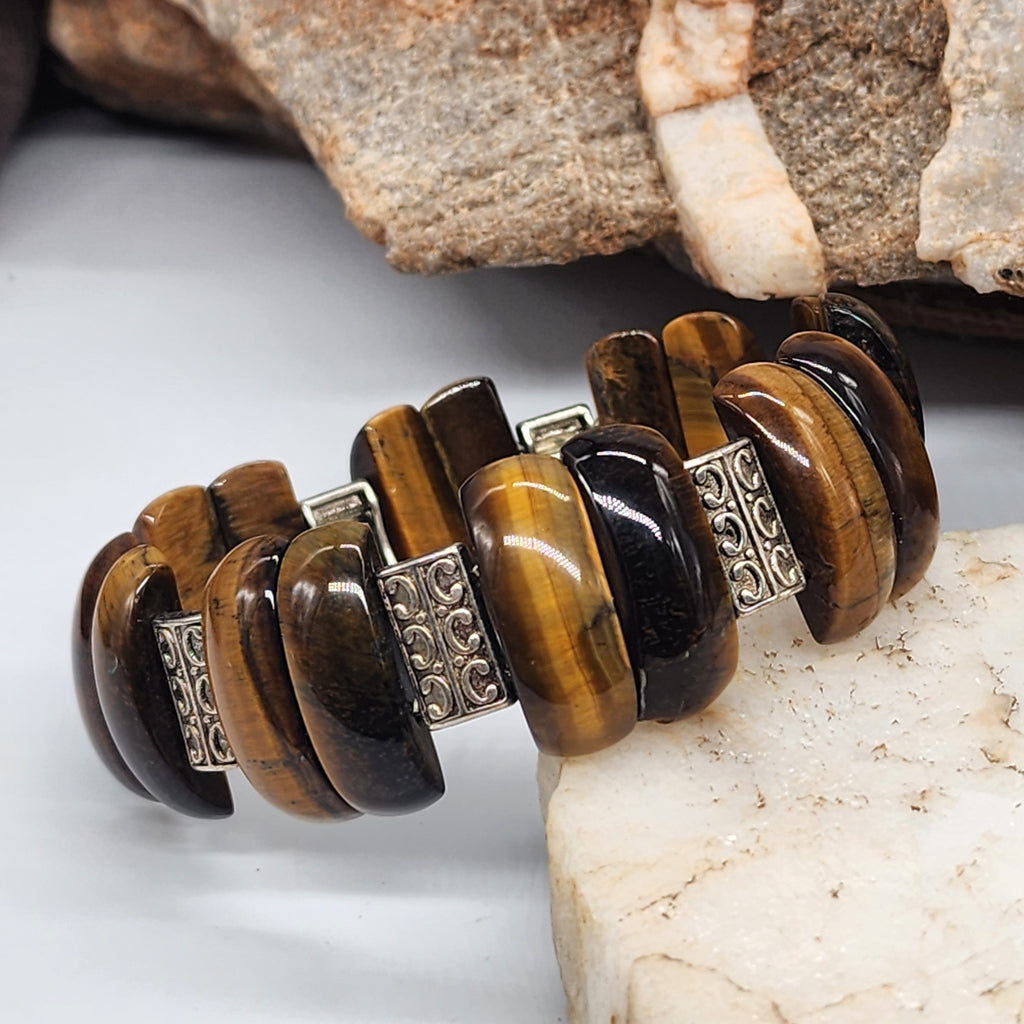 Royalty / Men's Bracelet Size 8 Natural Tiger Eye Stone Silver Bracelet Boho Men Jewelry Antique