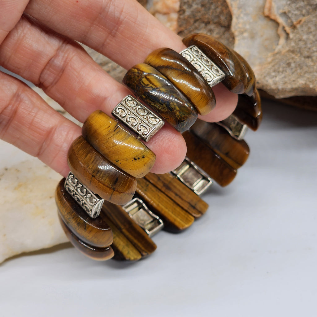 Royalty / Men's Bracelet Size 8 Natural Tiger Eye Stone Silver Bracelet Boho Men Jewelry Antique