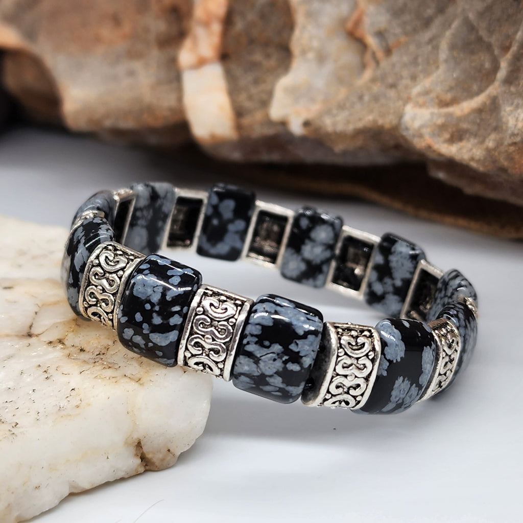 The Gravity / Elegant Men's Bracelet Size 8 Genuine Obsidian Stone Mens Gift Silver Jewelry