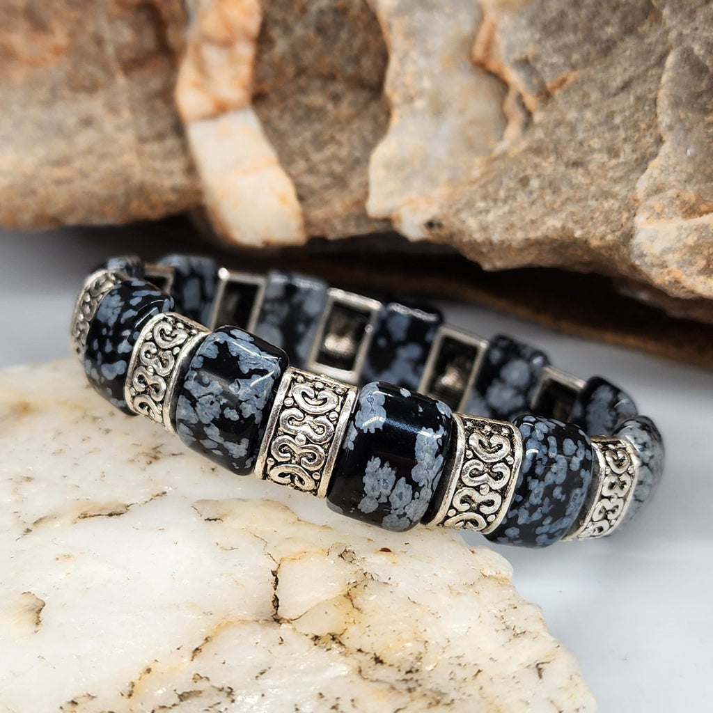 The Gravity / Elegant Men's Bracelet Size 8 Genuine Obsidian Stone Mens Gift Silver Jewelry
