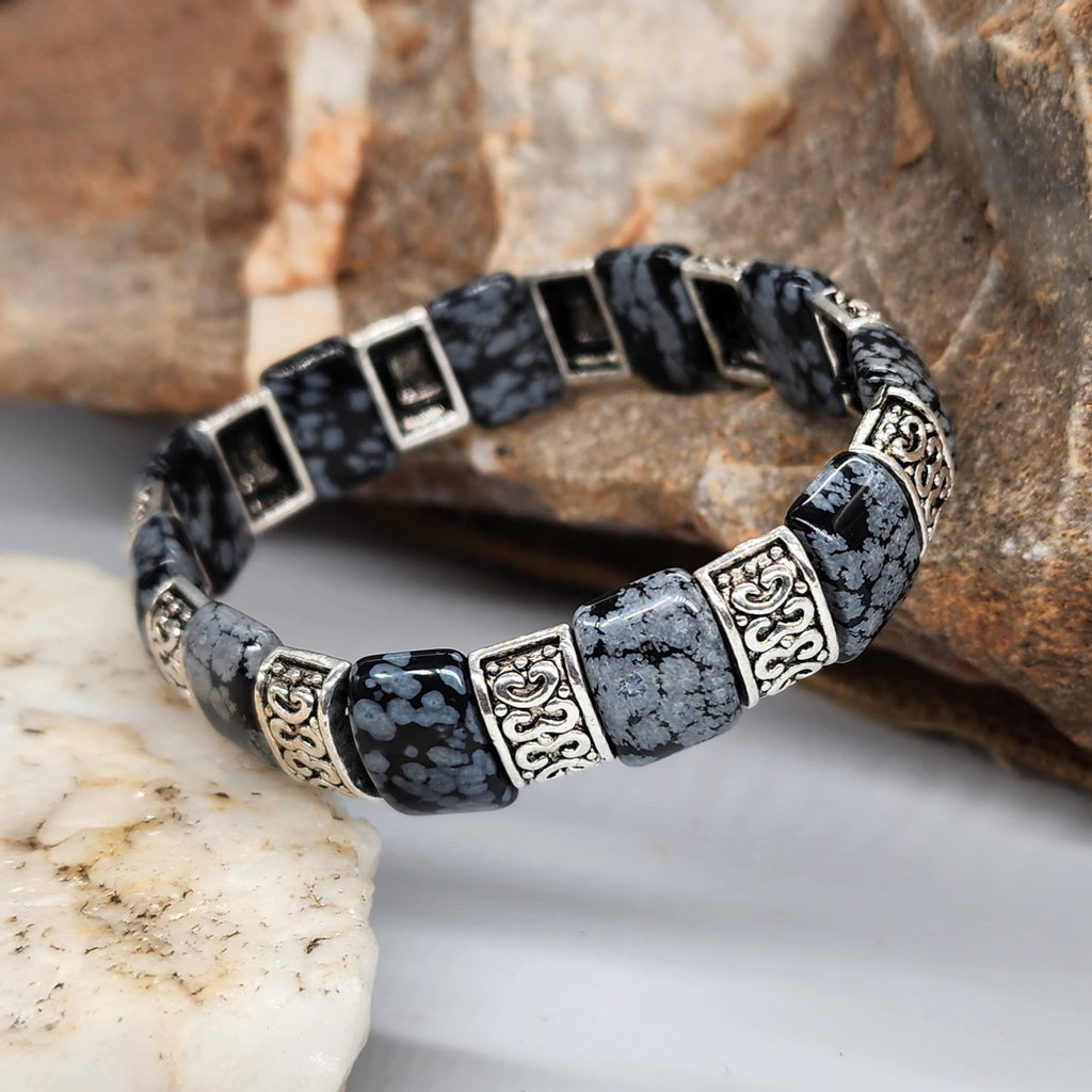 The Gravity / Elegant Men's Bracelet Size 8 Genuine Obsidian Stone Mens Gift Silver Jewelry