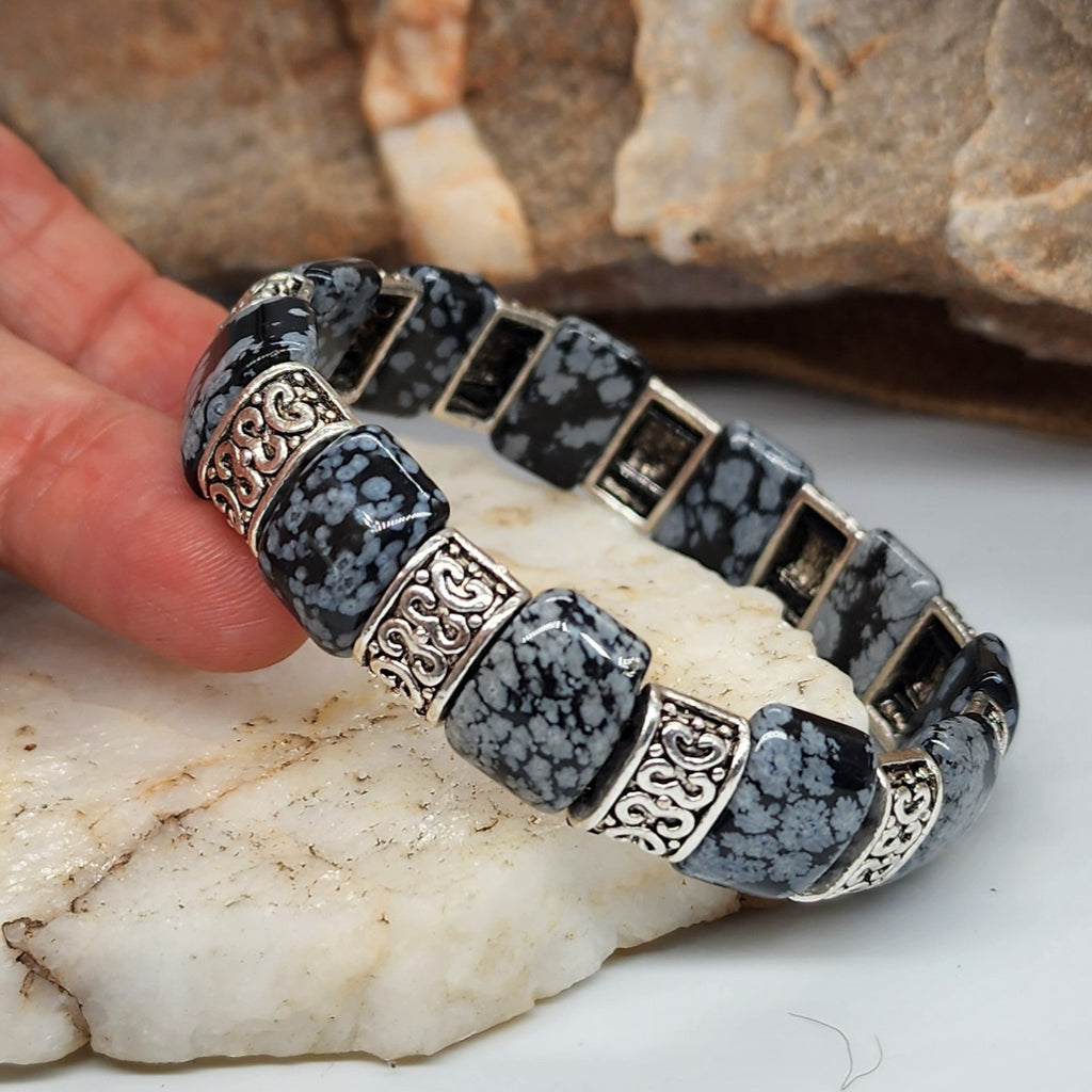 The Gravity / Elegant Men's Bracelet Size 8 Genuine Obsidian Stone Mens Gift Silver Jewelry