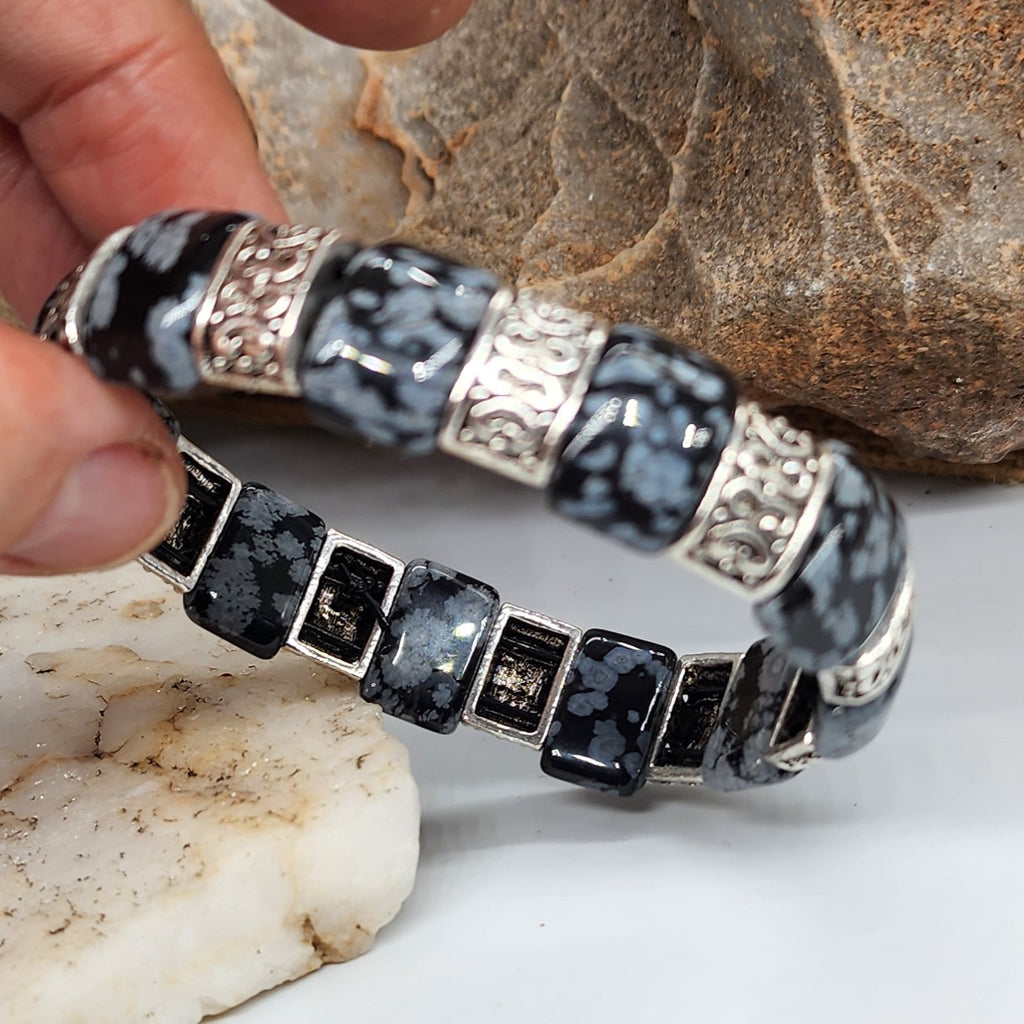 The Gravity / Elegant Men's Bracelet Size 8 Genuine Obsidian Stone Mens Gift Silver Jewelry