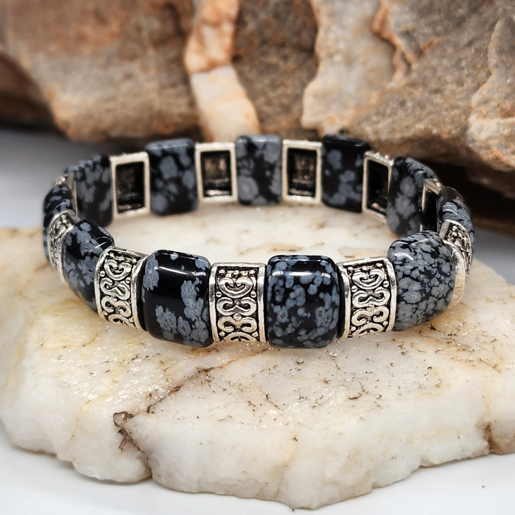 The Gravity / Elegant Men's Bracelet Size 8 Genuine Obsidian Stone Mens Gift Silver Jewelry