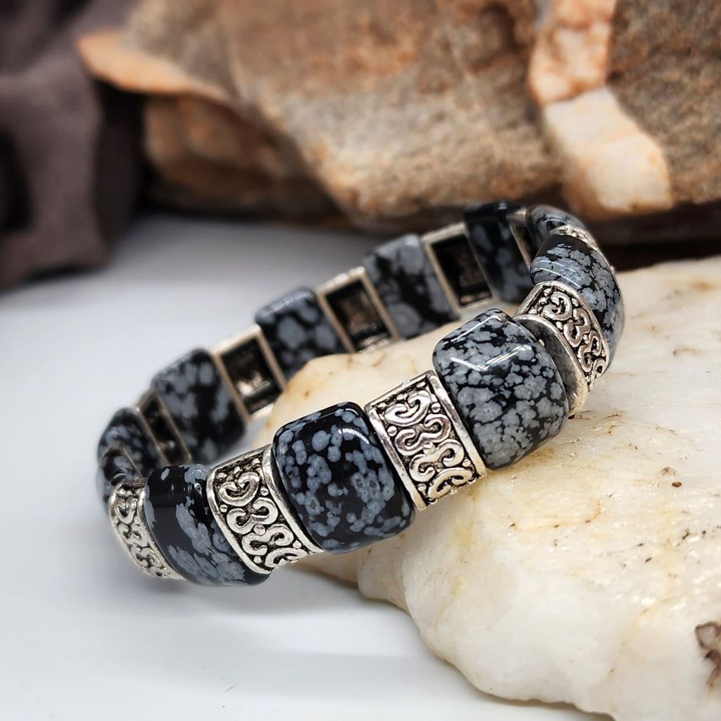 The Gravity / Elegant Men's Bracelet Size 8 Genuine Obsidian Stone Mens Gift Silver Jewelry