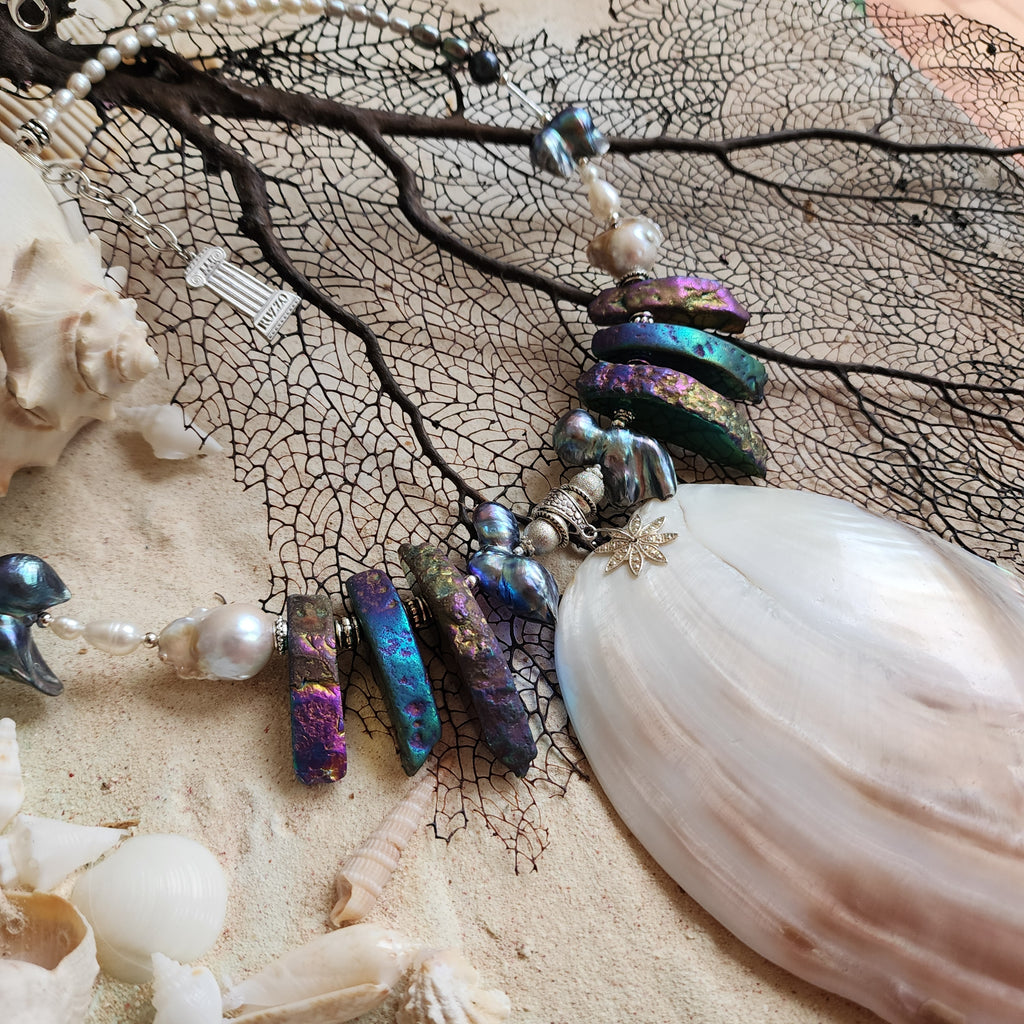 Over Horizon / Designer Jewelry Large Ocean  Big Shell Necklace Mother Of Pearl Necklace Baroque Pearl  Black Tahitian Pearl