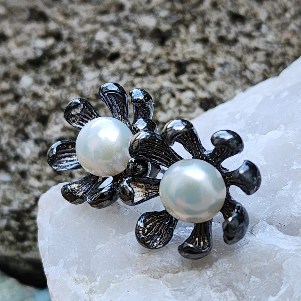 ROSES LATELY / Silver Black Rhodium Earrings Natural Pearls Stone Hypoallergenic Jewelry Most Popular Jewelry Gift For Women