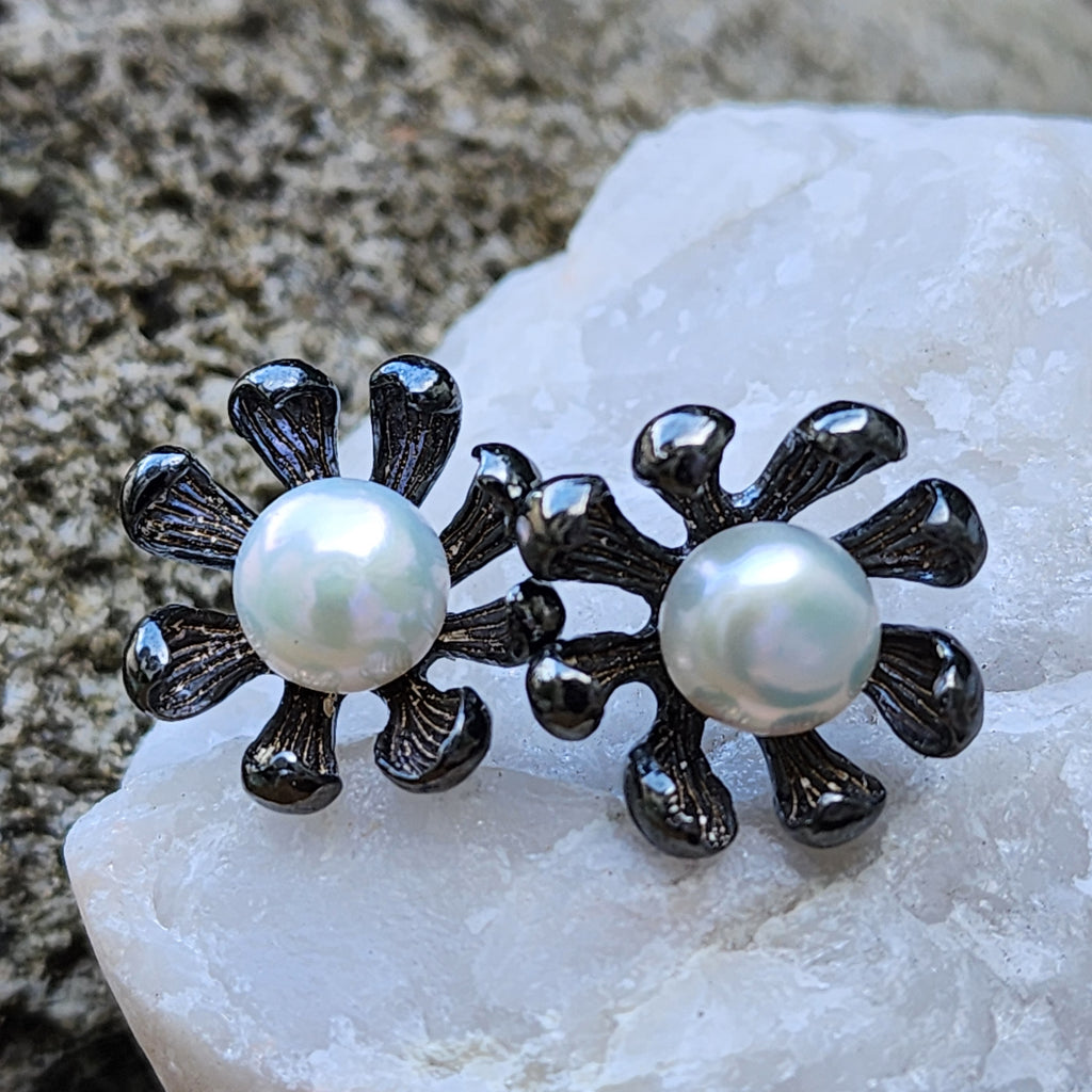 ROSES LATELY / Silver Black Rhodium Earrings Natural Pearls Stone Hypoallergenic Jewelry Most Popular Jewelry Gift For Women