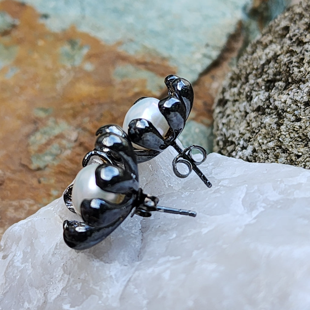 ROSES LATELY / Silver Black Rhodium Earrings Natural Pearls Stone Hypoallergenic Jewelry Most Popular Jewelry Gift For Women