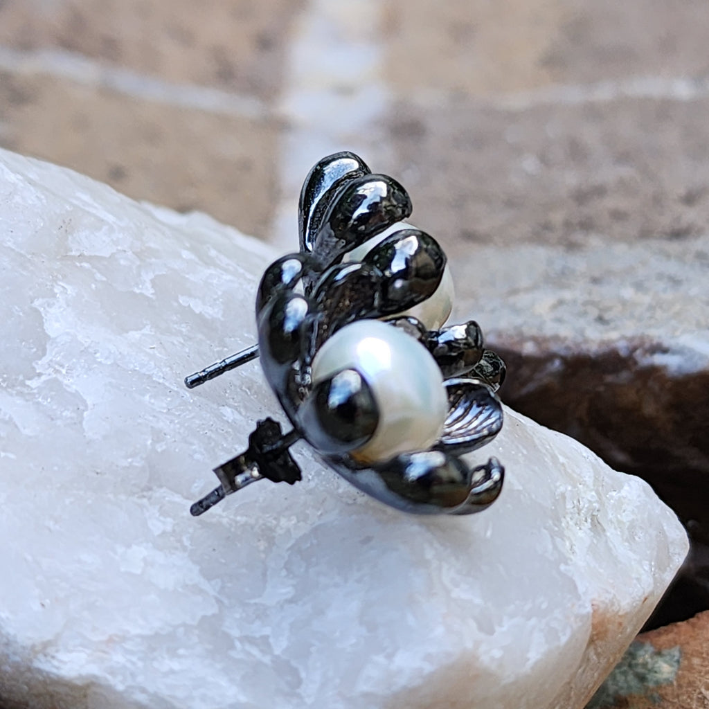ROSES LATELY / Silver Black Rhodium Earrings Natural Pearls Stone Hypoallergenic Jewelry Most Popular Jewelry Gift For Women