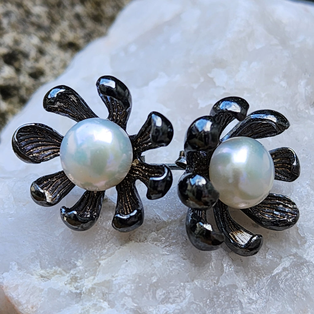 ROSES LATELY / Silver Black Rhodium Earrings Natural Pearls Stone Hypoallergenic Jewelry Most Popular Jewelry Gift For Women