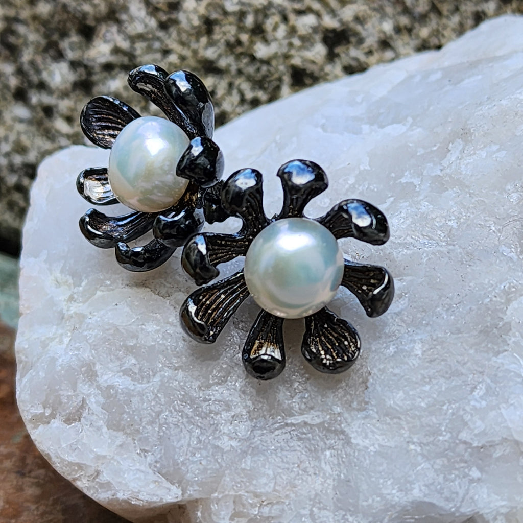 ROSES LATELY / Silver Black Rhodium Earrings Natural Pearls Stone Hypoallergenic Jewelry Most Popular Jewelry Gift For Women