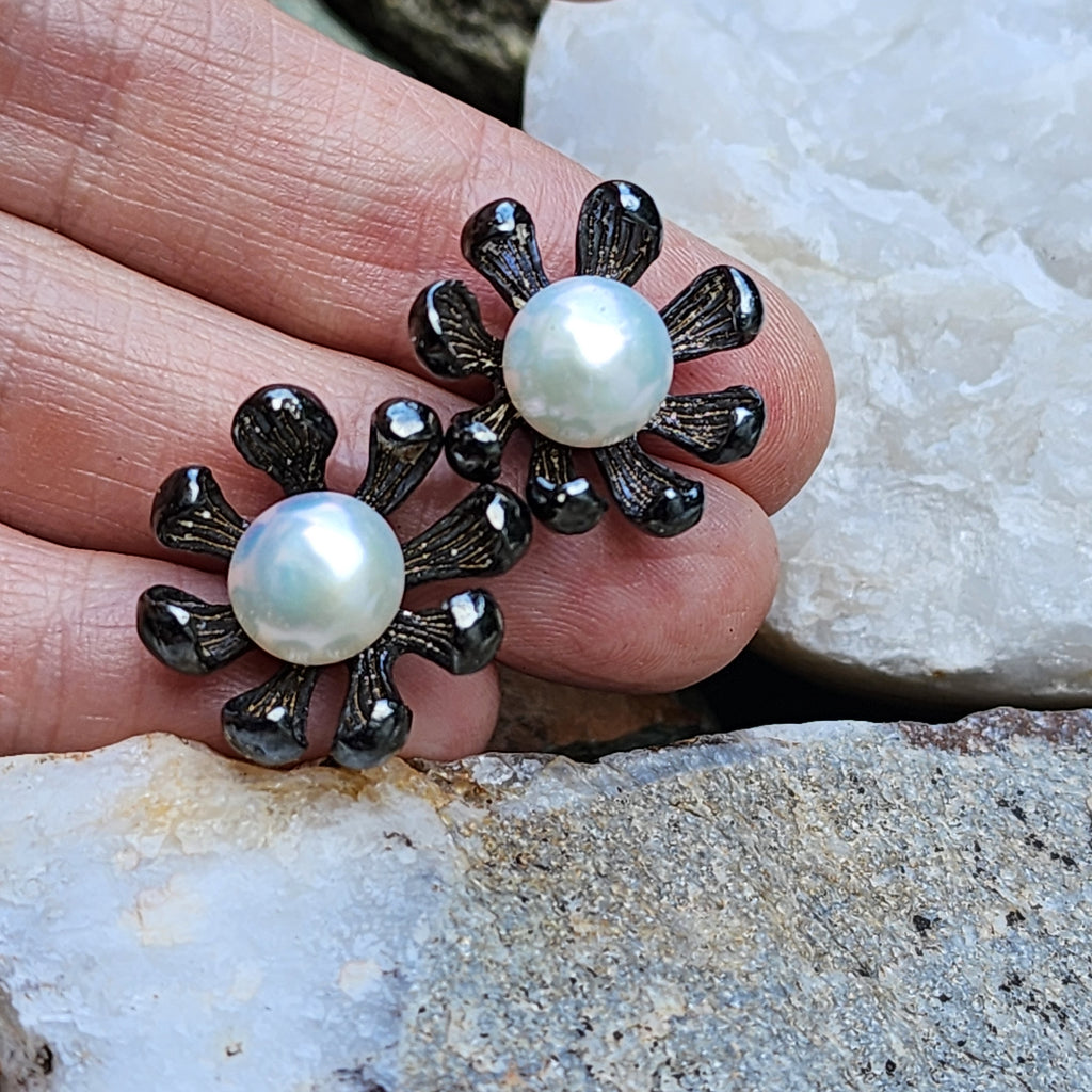 ROSES LATELY / Silver Black Rhodium Earrings Natural Pearls Stone Hypoallergenic Jewelry Most Popular Jewelry Gift For Women