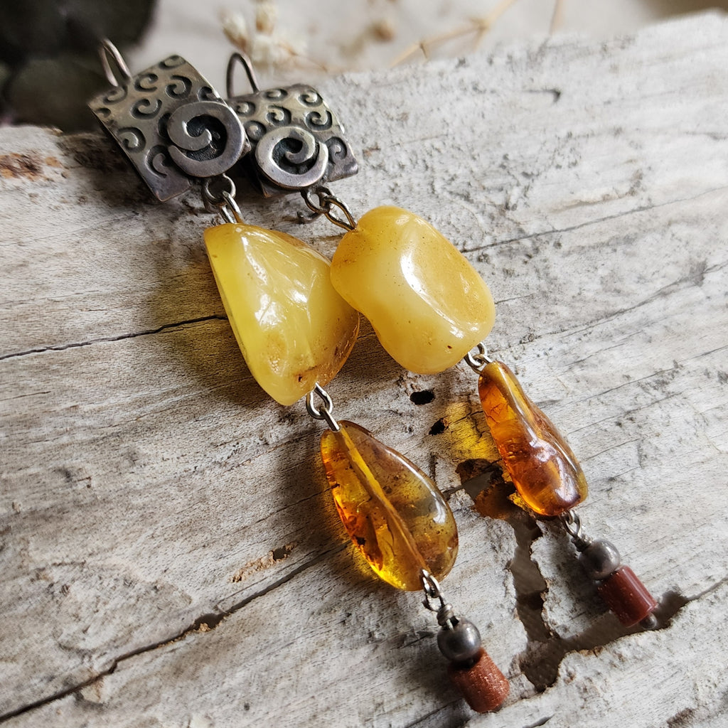 Ancient Touch / Designer Jewelry Raw Amber Stone Earrings Hypoallergenic 925 Silver Earrings with Natural Amber Gift for Momen