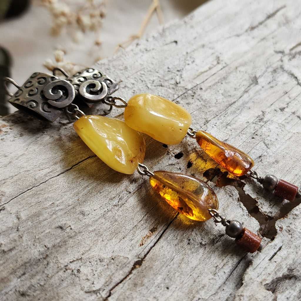 Ancient Touch / Designer Jewelry Raw Amber Stone Earrings Hypoallergenic 925 Silver Earrings with Natural Amber Gift for Momen