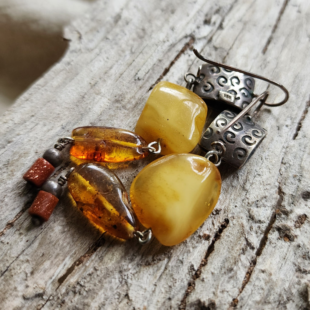 Ancient Touch / Designer Jewelry Raw Amber Stone Earrings Hypoallergenic 925 Silver Earrings with Natural Amber Gift for Momen
