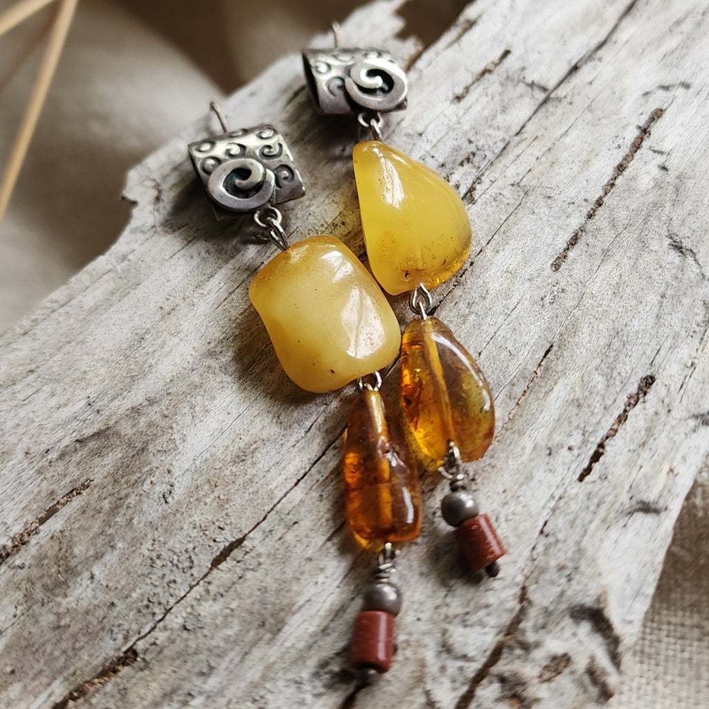 Ancient Touch / Designer Jewelry Raw Amber Stone Earrings Hypoallergenic 925 Silver Earrings with Natural Amber Gift for Momen