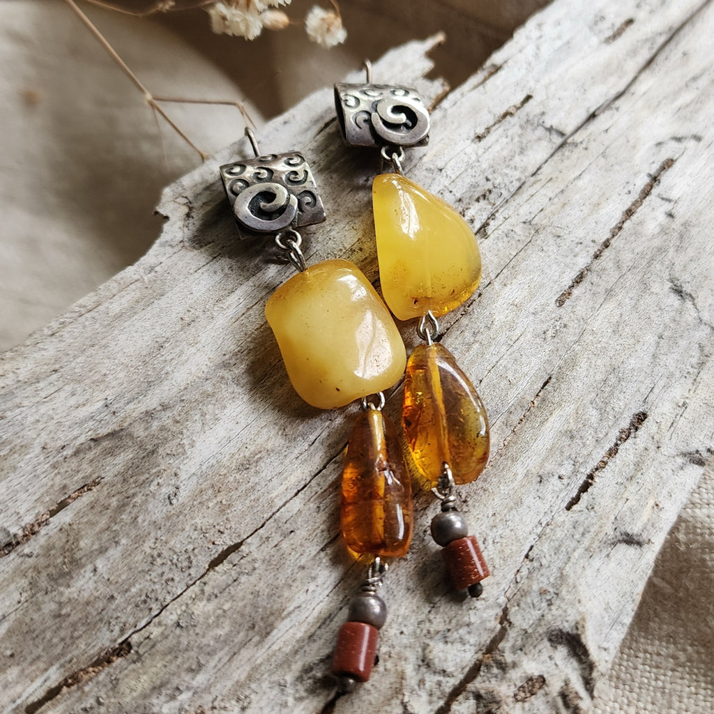 Ancient Touch / Designer Jewelry Raw Amber Stone Earrings Hypoallergenic 925 Silver Earrings with Natural Amber Gift for Momen