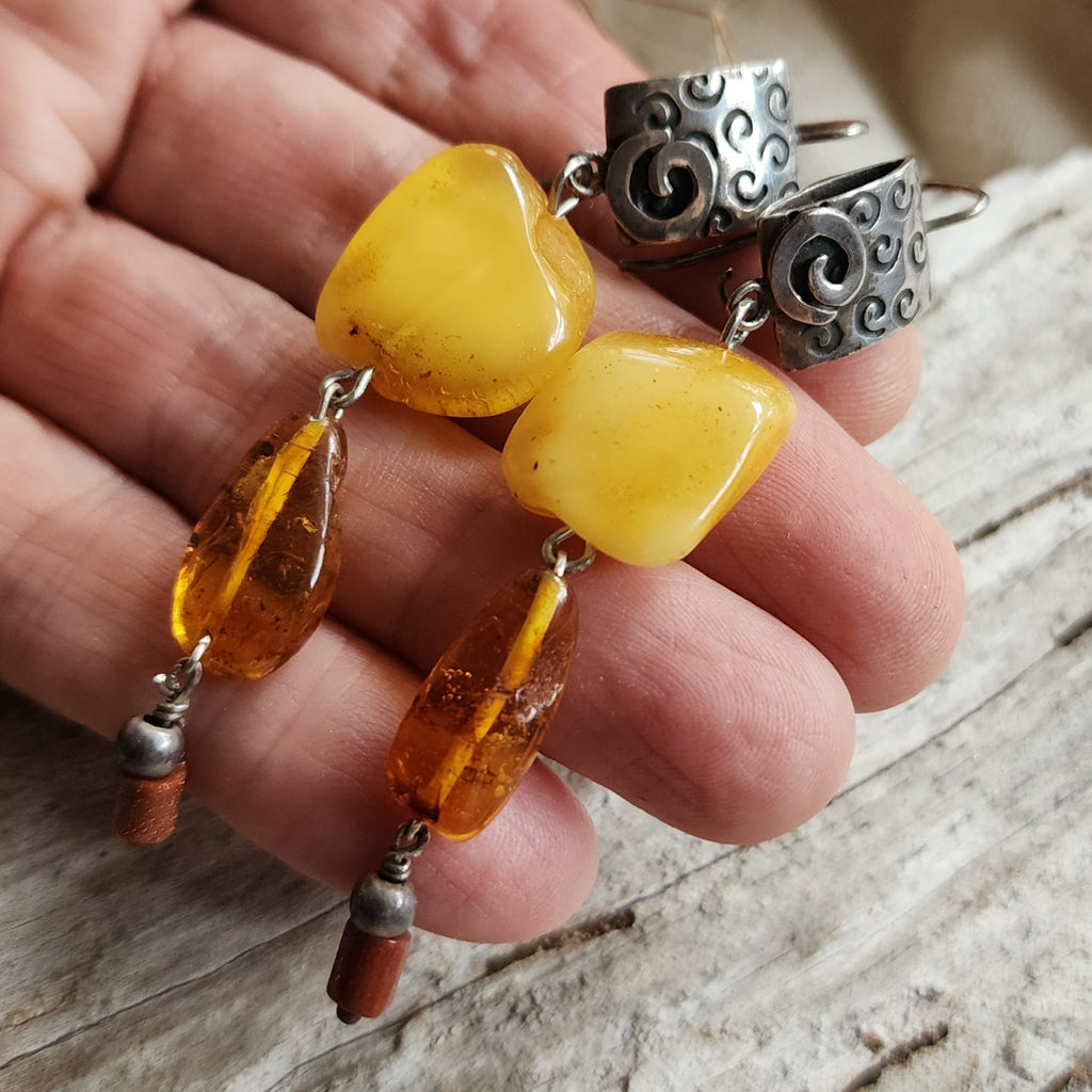 Ancient Touch / Designer Jewelry Raw Amber Stone Earrings Hypoallergenic 925 Silver Earrings with Natural Amber Gift for Momen