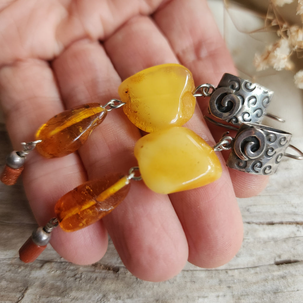 Ancient Touch / Designer Jewelry Raw Amber Stone Earrings Hypoallergenic 925 Silver Earrings with Natural Amber Gift for Momen