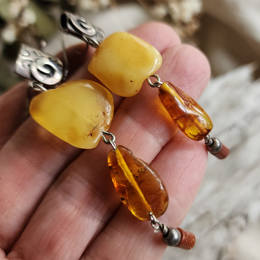 Ancient Touch / Designer Jewelry Raw Amber Stone Earrings Hypoallergenic 925 Silver Earrings with Natural Amber Gift for Momen