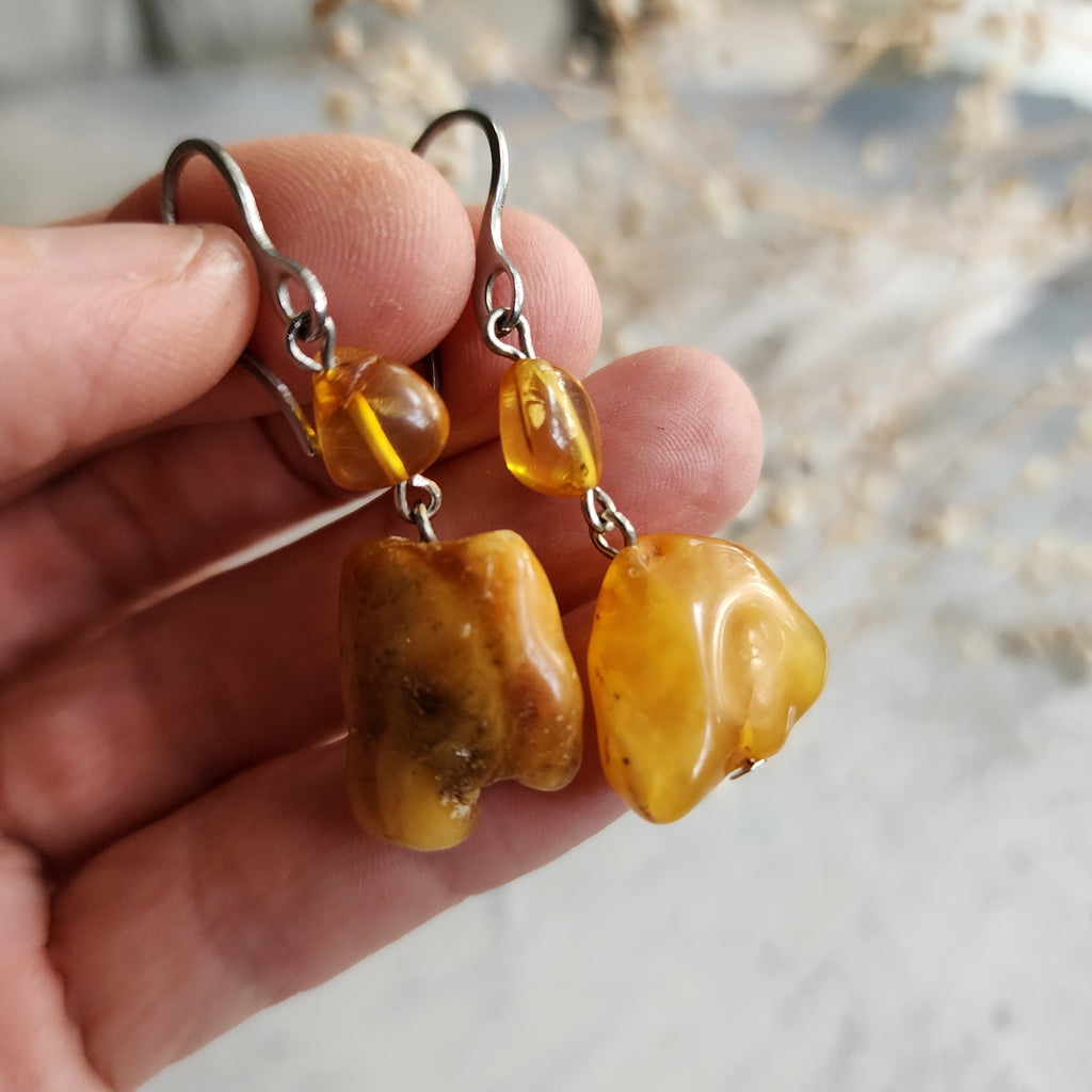 Cinnamon / Designer Jewelry Raw Amber Stone Artisan Earrings Hypoallergenic Jewelry with Natural Amber Gift for Momen