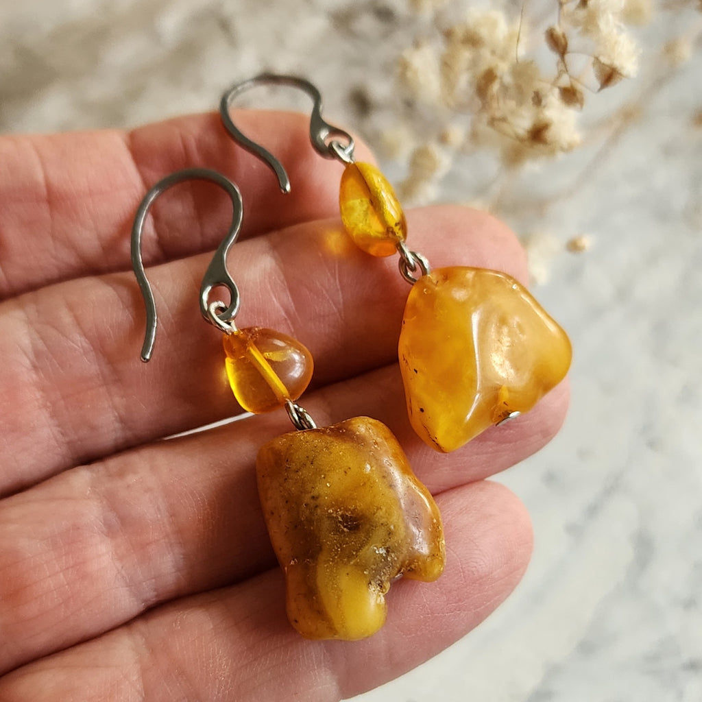 Cinnamon / Designer Jewelry Raw Amber Stone Artisan Earrings Hypoallergenic Jewelry with Natural Amber Gift for Momen