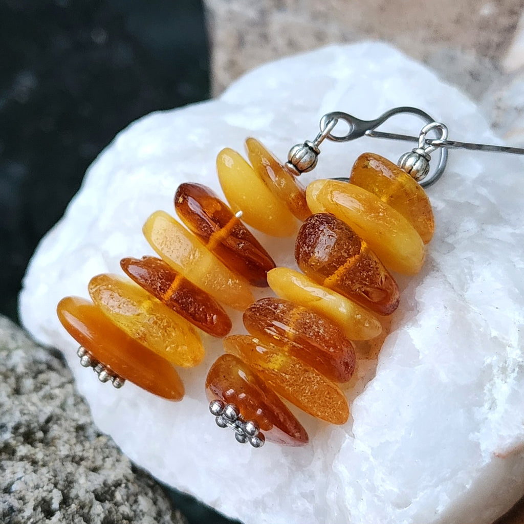 Ear Candy / Designer Jewelry Raw Amber Stone Earrings Hypoallergenic Surgical Steel Hooks Natural Amber Gift for Momen